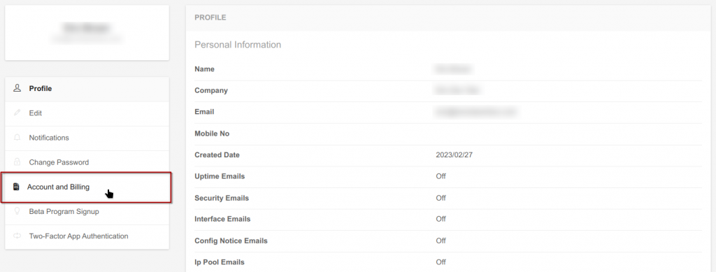 Admiral Account and Billing Menu Button