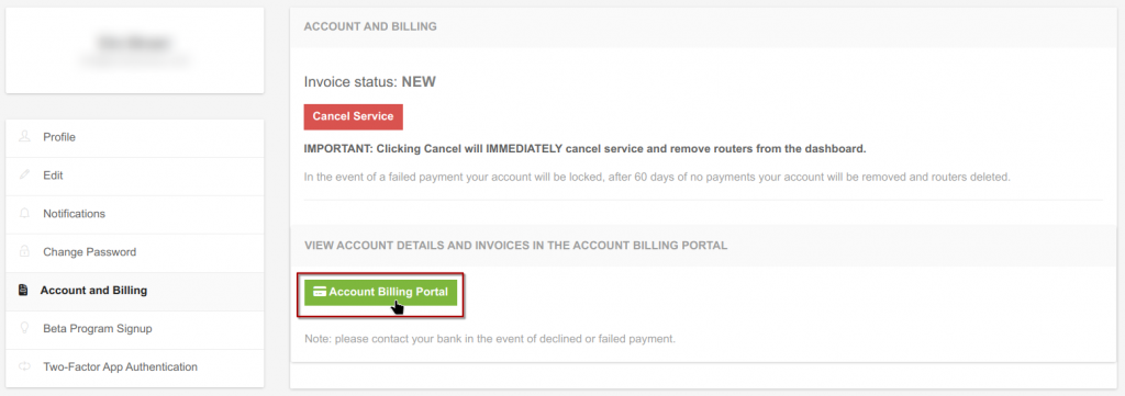 Account Billing Portal Selection