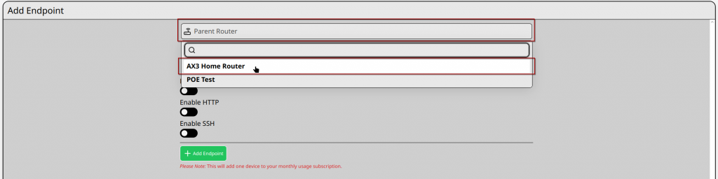 Add Endpoint select Parent Router in Endpoints